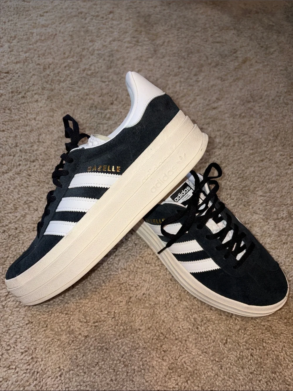 adidas Black Suede Sneakers with White Stripes and Cream Sole